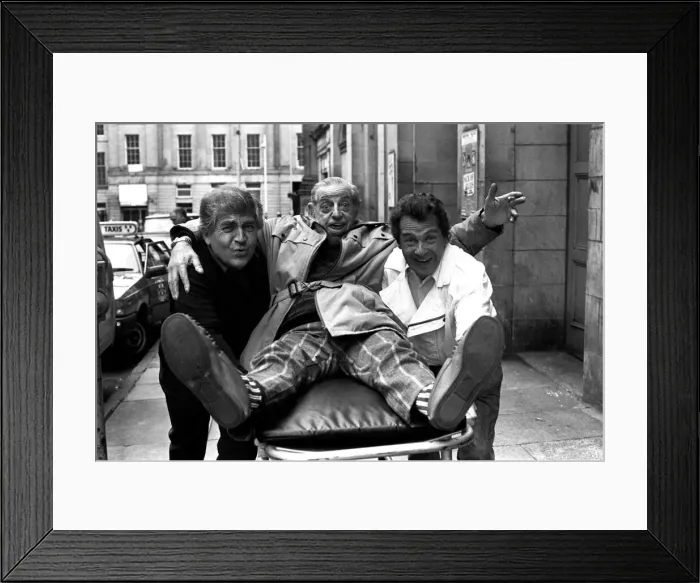 Framed Print : Actors Peter Baldwin, Ben Warriss and David Ross outside the Theatre Royal