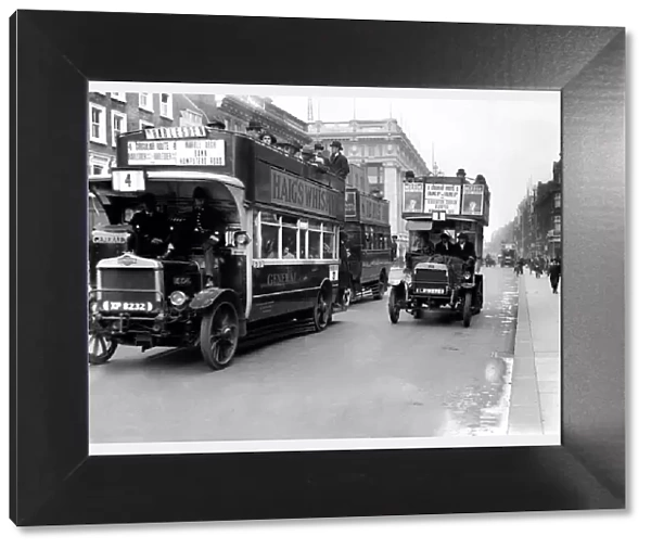 Buses driven by volunteers seen here in Oxford Street during the 10th day of