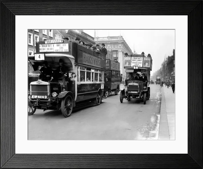 Framed Print : Buses driven by volunteers seen here in Oxford Street during the 10th day of Framed Print : Buses driven by volunteers seen here in Oxford Street during the 10th day of