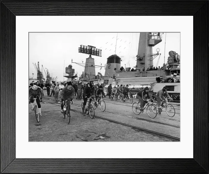 Framed Print : Ratings from HMS Jupiter seen here taking part in a cycle race started from the bridge of Framed Print : Ratings from HMS Jupiter seen here taking part in a cycle race started from the bridge of