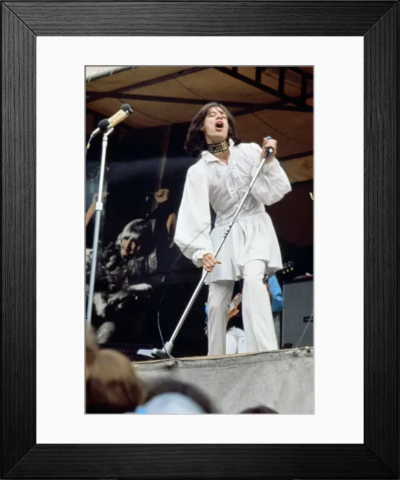 Framed Print : Singer Mick Jagger performing on stage during the Rolling Stones free concert in Hyde Framed Print : Singer Mick Jagger performing on stage during the Rolling Stones free concert in Hyde