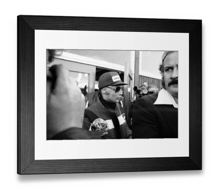 Framed Print : James Hunt and Niki Lauda get trapped by fans at Brands Hatch