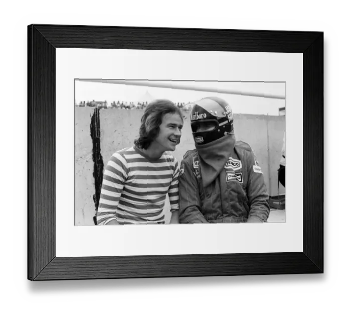 Framed Print : Barry Sheene and James Hunt at a practice day for the British Grand Prix held at Brands Framed Print : Barry Sheene and James Hunt at a practice day for the British Grand Prix held at Brands