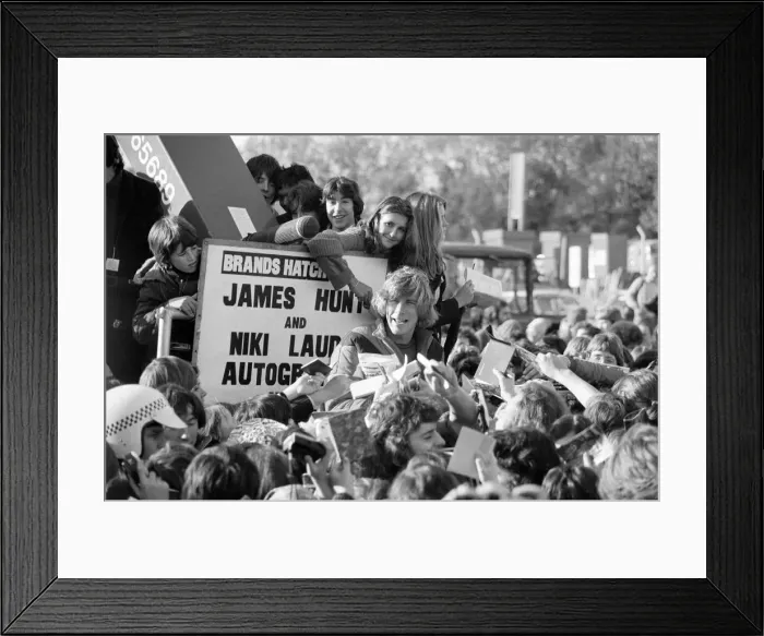 Framed Print : James Hunt and Niki Lauda get trapped by fans at Brands Hatch Framed Print : James Hunt and Niki Lauda get trapped by fans at Brands Hatch