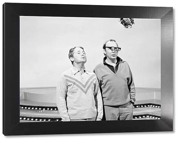 Eric Morecambe and Ernie Wise, on set to record new show at BBC Television Centre, London