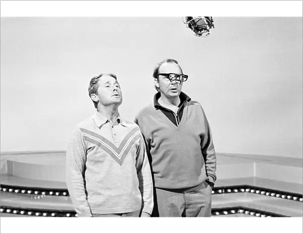 Eric Morecambe and Ernie Wise, on set to record new show at BBC Television Centre, London