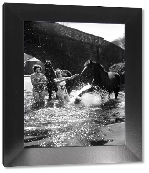 Holidays. Two girls cool off with their horses at Landralle, Cornwall. April 1953 D2099