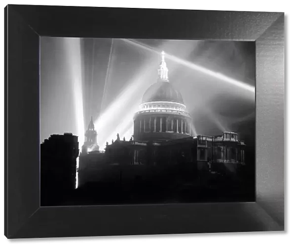 St Pauls Cathedral flood lit during the VE day celebrations to celebrate victory in