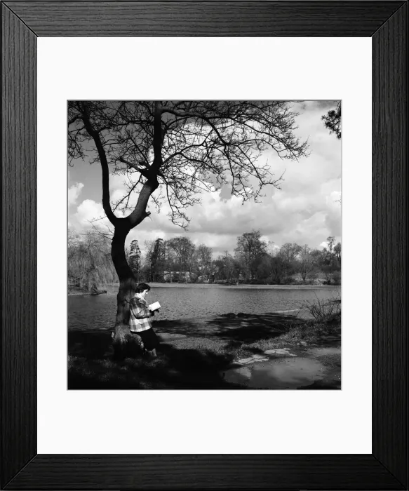 Framed Print : Woman reading her book by the lake in the park at St. Albans. March 1952 C1266-003 Framed Print : Woman reading her book by the lake in the park at St. Albans. March 1952 C1266-003