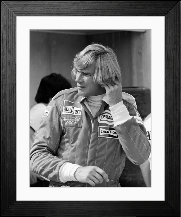 Framed Print : James Hunt attends a practice day for the British Grand Prix held at Brands Hatch, Kent Framed Print : James Hunt attends a practice day for the British Grand Prix held at Brands Hatch, Kent