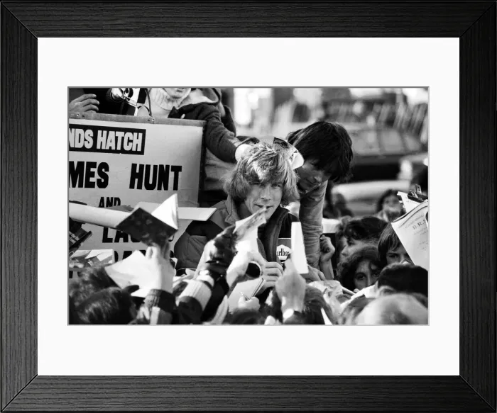 Framed Print : James Hunt and Niki Lauda get trapped by fans at Brands Hatch Framed Print : James Hunt and Niki Lauda get trapped by fans at Brands Hatch