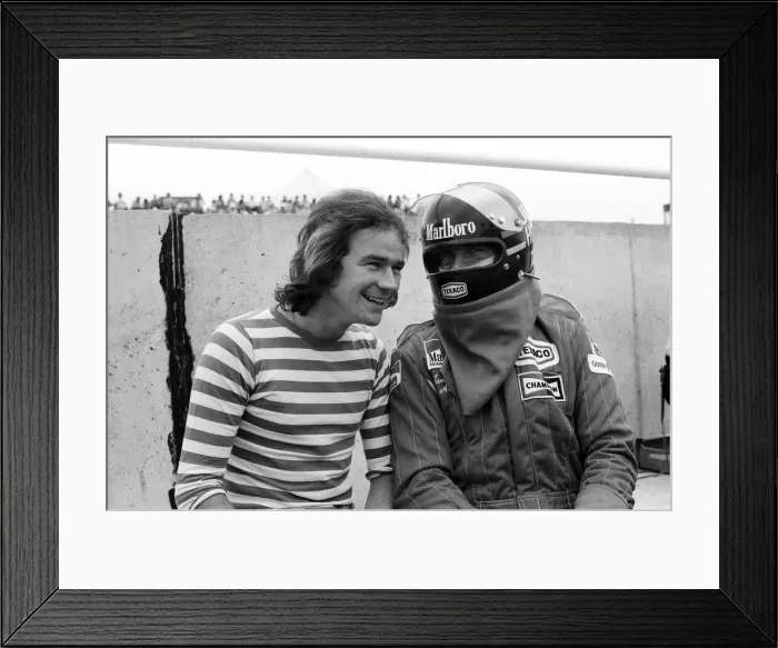 Framed Print : Barry Sheene and James Hunt at a practice day for the British Grand Prix held at Brands Framed Print : Barry Sheene and James Hunt at a practice day for the British Grand Prix held at Brands