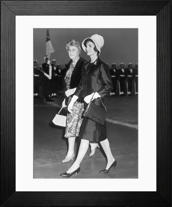 Framed Print : Jacqueline Onassis Kennedy walking across the tarmac with Mrs Dorothy MacMillan having