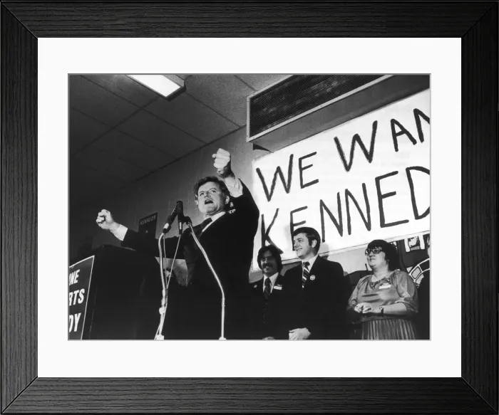 Framed Print : Senator Edward Kennedy on the platform, gestures to a Maine audience during his election
