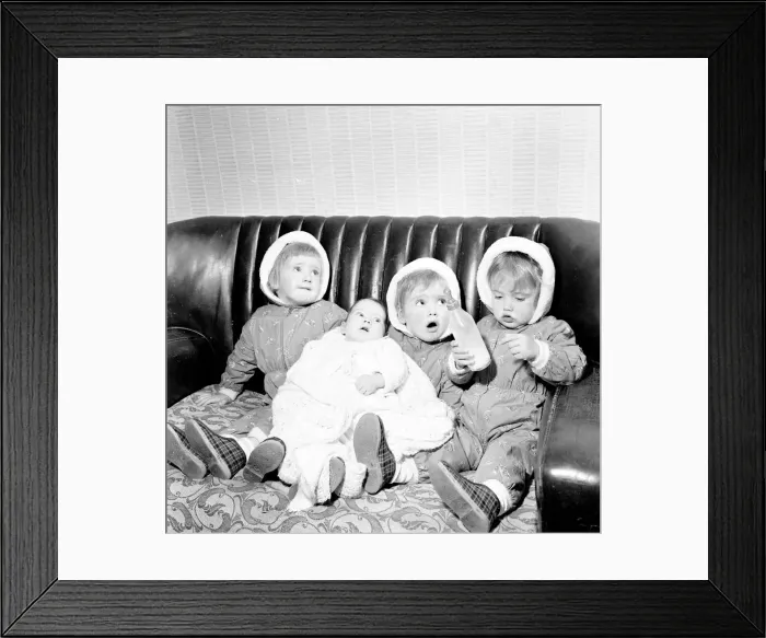 Framed Print : The Hatton triplets from Manchester, Deborah, Sharon and Allison with their baby sister Framed Print : The Hatton triplets from Manchester, Deborah, Sharon and Allison with their baby sister