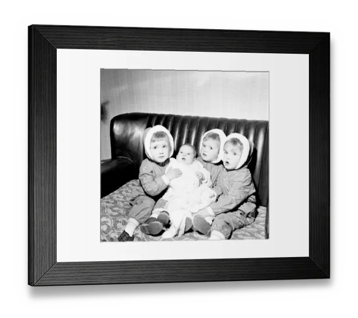 Framed Print : The Hatton triplets from Manchester, Deborah, Sharon and Allison with their baby sister