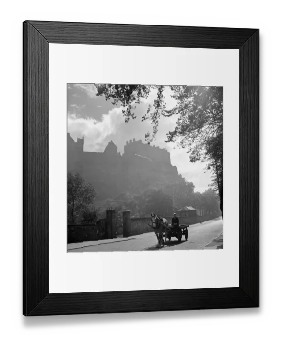 Framed Print : Horse and cart pass through peaceful countryside village Cobbled street Edinburgh Framed Print : Horse and cart pass through peaceful countryside village Cobbled street Edinburgh