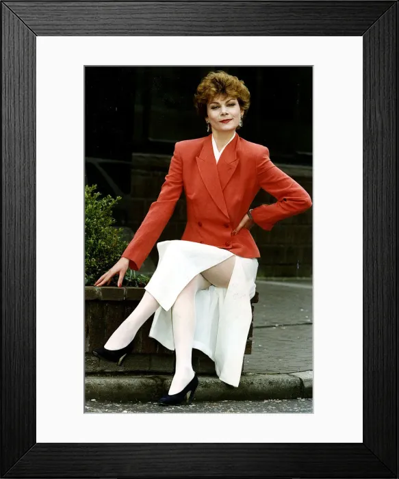 Framed Print : Briony McRoberts actress television Take the High Road red jacket white skirt split to Framed Print : Briony McRoberts actress television Take the High Road red jacket white skirt split to