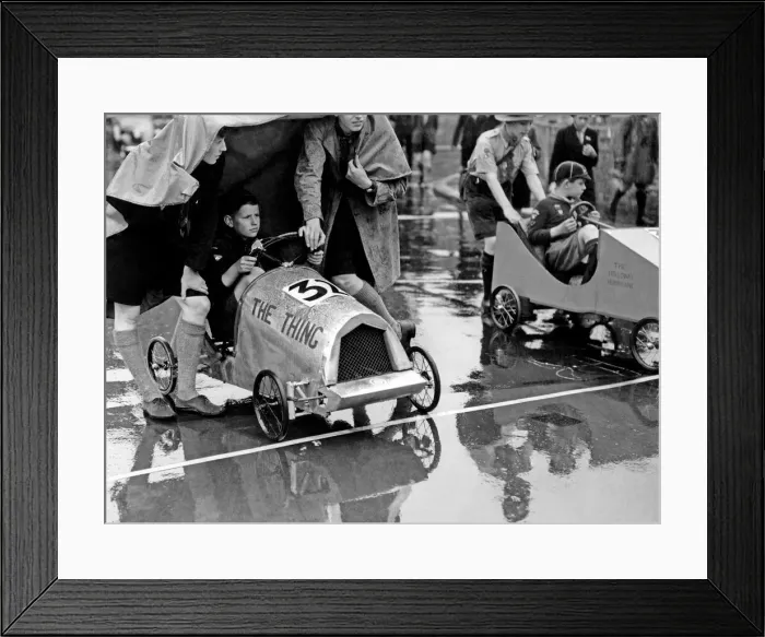 Framed Print : Soap Box Derby. This was held today, in the rain, at Fore Street, City of London Framed Print : Soap Box Derby. This was held today, in the rain, at Fore Street, City of London