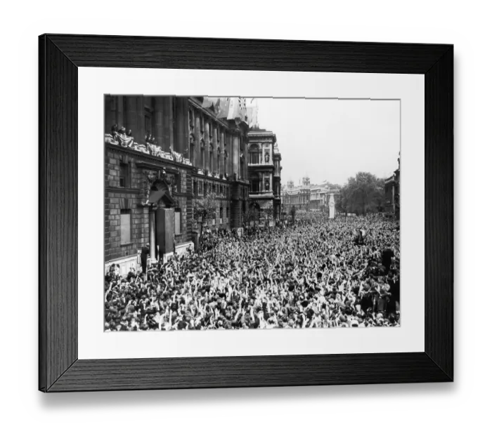 Framed Print : Crowd cheers British Prime Minister Winston Churchill after his victory speech from a Framed Print : Crowd cheers British Prime Minister Winston Churchill after his victory speech from a