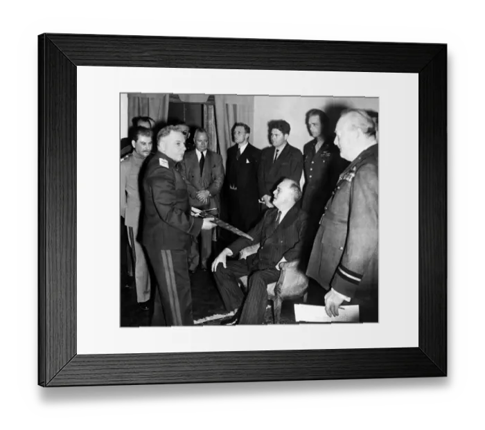 Framed Print : Sir Winston Churchill - December 1943 - Marshal Voroshilov takes the sword over to show Framed Print : Sir Winston Churchill - December 1943 - Marshal Voroshilov takes the sword over to show