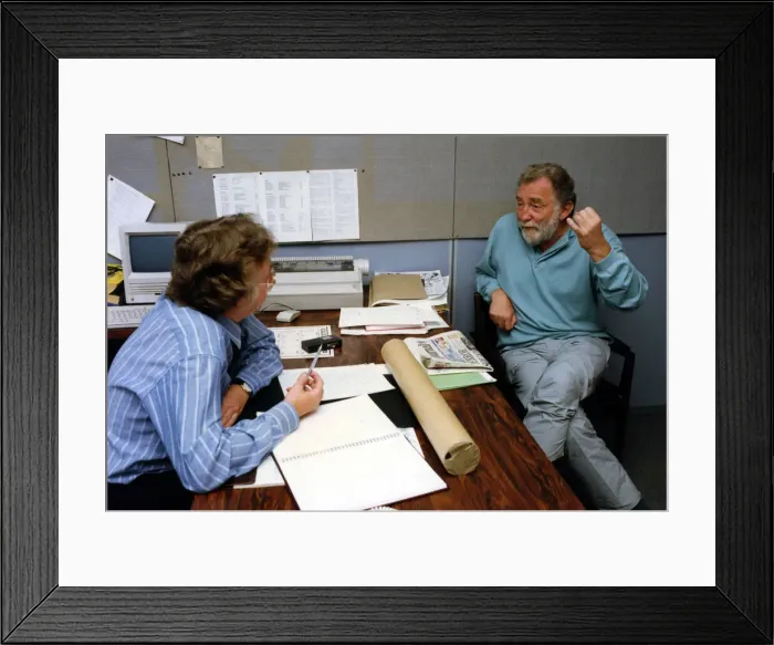 Framed Print : Dr David Bellamy being interviewed by reporter Tony Henderson at the Newcastle Chronicle Framed Print : Dr David Bellamy being interviewed by reporter Tony Henderson at the Newcastle Chronicle