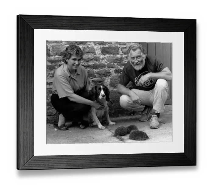 Framed Print : TV naturalist David Bellamy (right) with Judith Foster and her dog Lady on 30th September Framed Print : TV naturalist David Bellamy (right) with Judith Foster and her dog Lady on 30th September