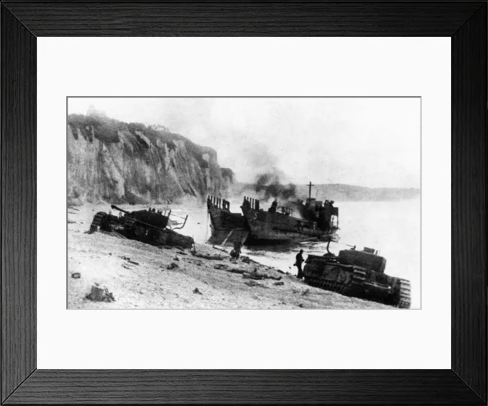 Framed Print : Tanks landing on beach at Dieppe during the raid by Allied commandos on the German Framed Print : Tanks landing on beach at Dieppe during the raid by Allied commandos on the German