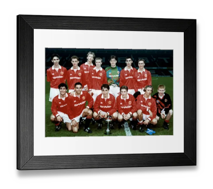 Framed Print : Manchester United youth team pose with the Lancashire Youth Cup following their victory Framed Print : Manchester United youth team pose with the Lancashire Youth Cup following their victory