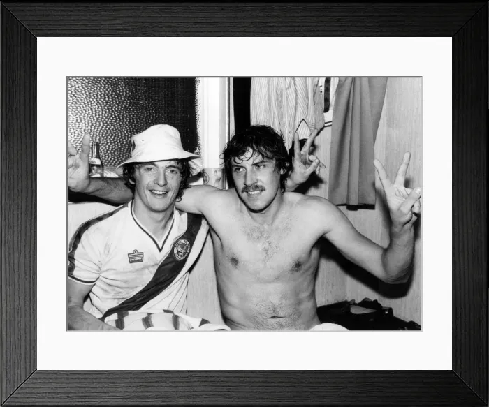 Framed Print : Ian Walsh (left) and Dave Swindlehurst of Crystal Palace celebrate the goals that sent Framed Print : Ian Walsh (left) and Dave Swindlehurst of Crystal Palace celebrate the goals that sent