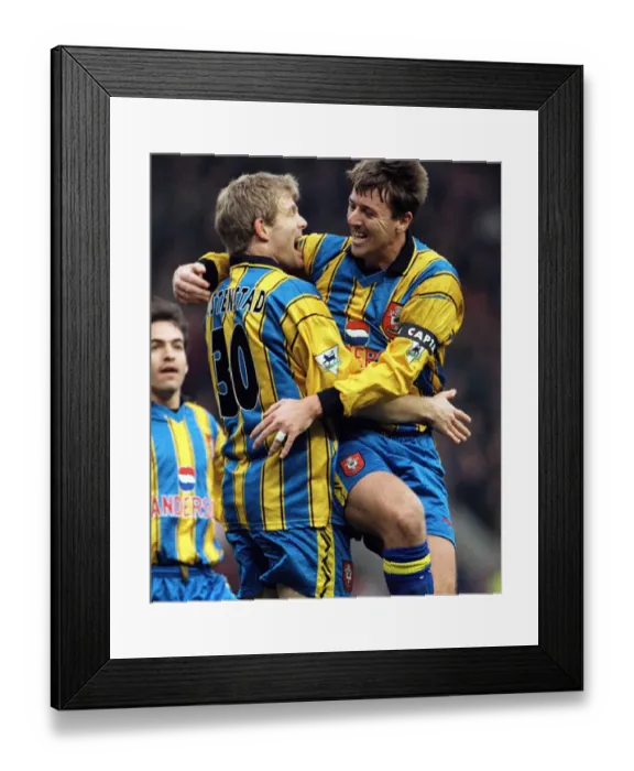 Framed Print : Southampton footballer Egil Ostenstad celebrates with team mate Matthew Le Tissier after Framed Print : Southampton footballer Egil Ostenstad celebrates with team mate Matthew Le Tissier after