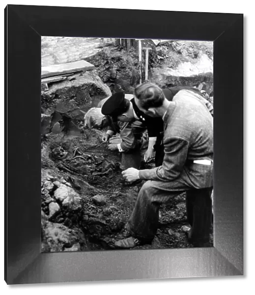 Dr G E Stephenson the Newcastle pathologist seen examining one of three skeletons which