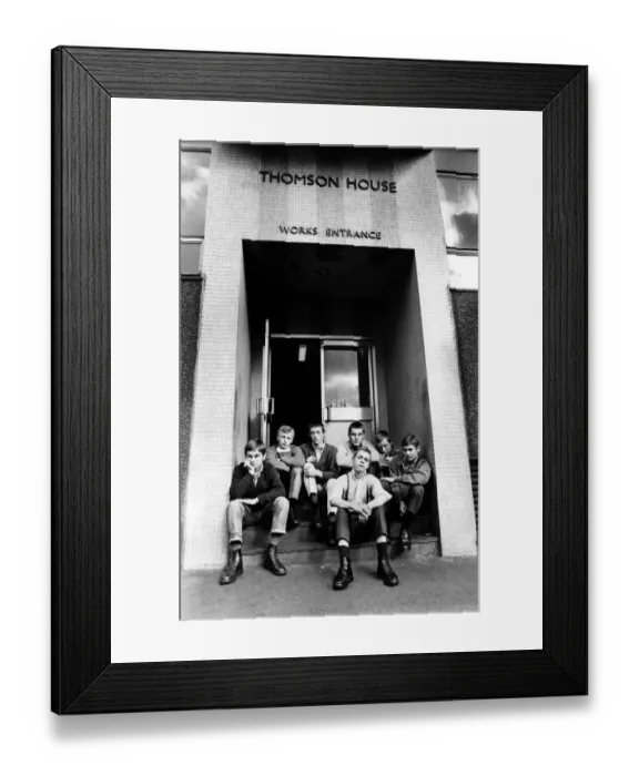 Framed Print : A group of skinheads sitting on the steps of Thomson House, works entrance Framed Print : A group of skinheads sitting on the steps of Thomson House, works entrance