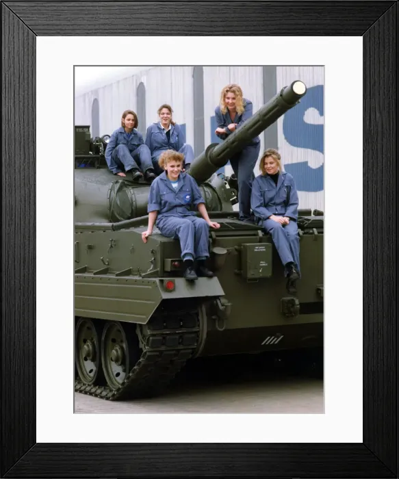 Framed Print : Five of Vickers female apprentices on a vickers Mark 3 Tank on 5th March 1992 Framed Print : Five of Vickers female apprentices on a vickers Mark 3 Tank on 5th March 1992