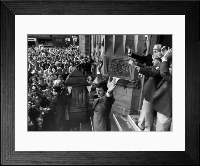 Framed Print : Bruce Rioch and Middlesbrough F. C. fans celebrate after winning second successive