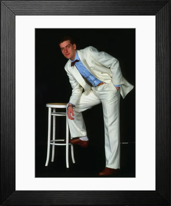 Framed Print : Peter Capaldi modelling white suit May 1983