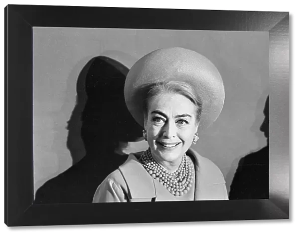 Joan Crawford portrait smiling hat earings pearl jewellery