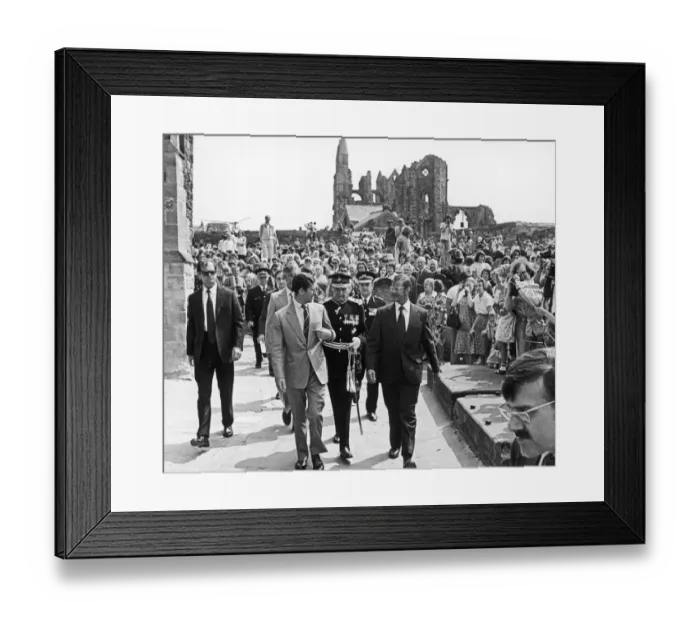 Framed Print : Prince Charles is greeted by large crowds on his arrival at Whitby Abbey during Framed Print : Prince Charles is greeted by large crowds on his arrival at Whitby Abbey during