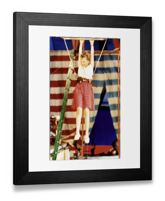 Framed Print : Faith Oliver on the trapeze, Teesside, 5th August 1989 Framed Print : Faith Oliver on the trapeze, Teesside, 5th August 1989