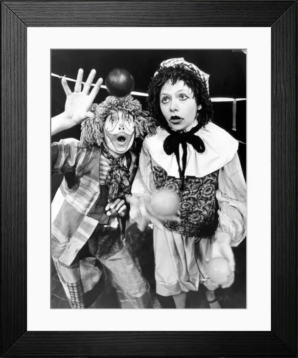 Framed Print : Two circus clowns juggling balls. 14th July 1979 Framed Print : Two circus clowns juggling balls. 14th July 1979