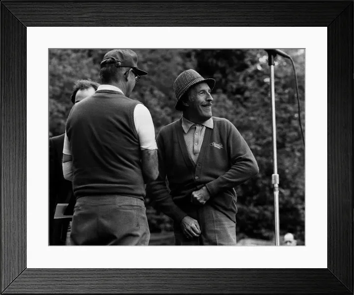 Framed Print : Bruce Forsyth entertainer adjusts his trouser zip at pro celebrity golf day in front of