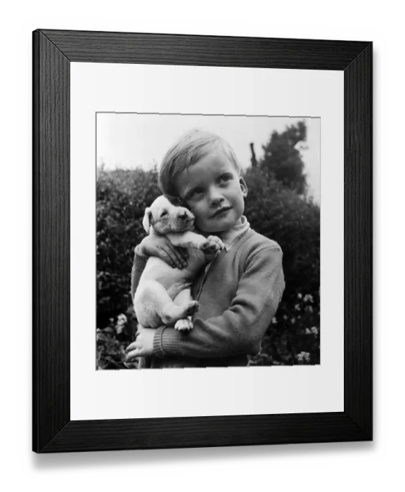Framed Print : Four-year old Ryan Widdowson of Meanwood, Leeds, holds his new puppy, Whiskey