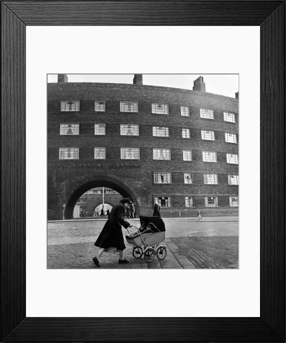Framed Print : Views of Liverpool, 13th May 1954. Young mother pushing a pram outside St Andrews Gardens Framed Print : Views of Liverpool, 13th May 1954. Young mother pushing a pram outside St Andrews Gardens