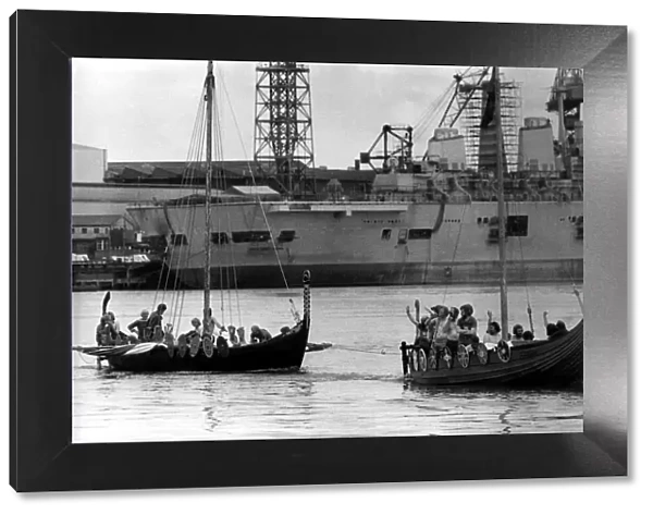 Two Viking long ships on the river Tyne on 24th July 1980