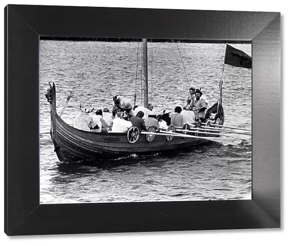 A Viking long boat arriving in Blyth Harbour on 22nd July 1980