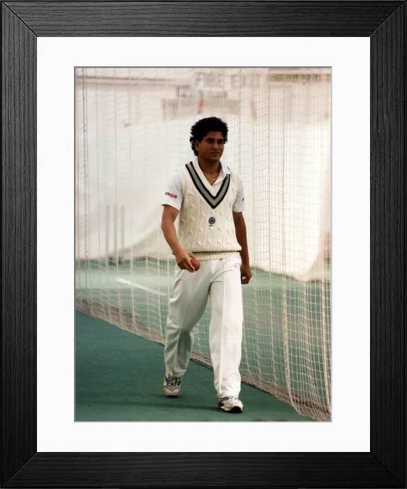 Framed Print : Sachin Tendulkar cricket player stands in whites in practice nets Circa July 1992