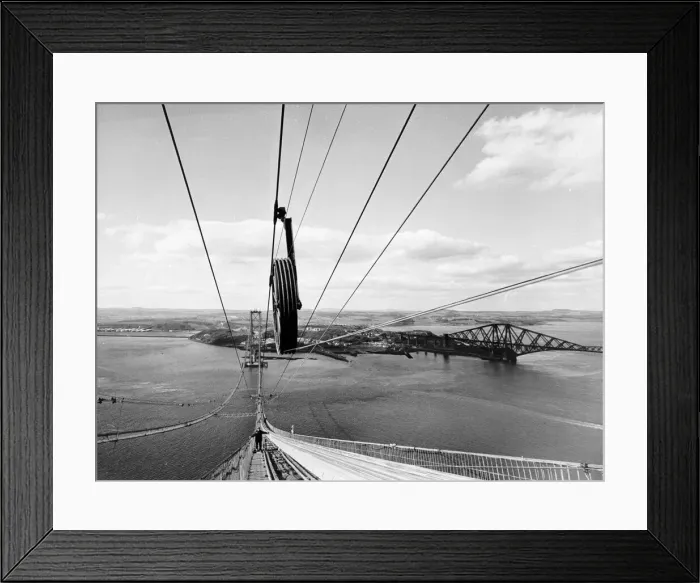 Framed Print : Forth Road Bridge construction June 1962 Wires being strung across workman walking Framed Print : Forth Road Bridge construction June 1962 Wires being strung across workman walking