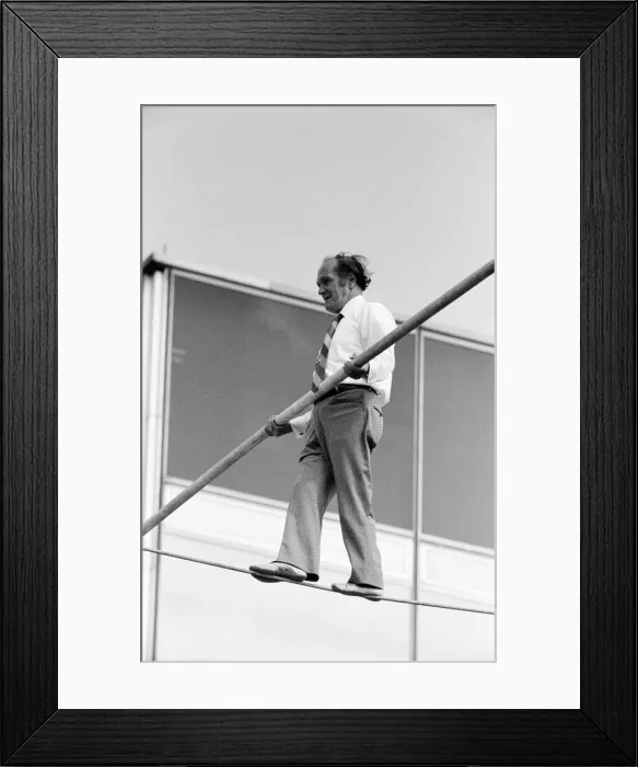 Framed Print : Karl Wallenda, Tightrope Walker, above BBC Television Centre, White City, London Framed Print : Karl Wallenda, Tightrope Walker, above BBC Television Centre, White City, London