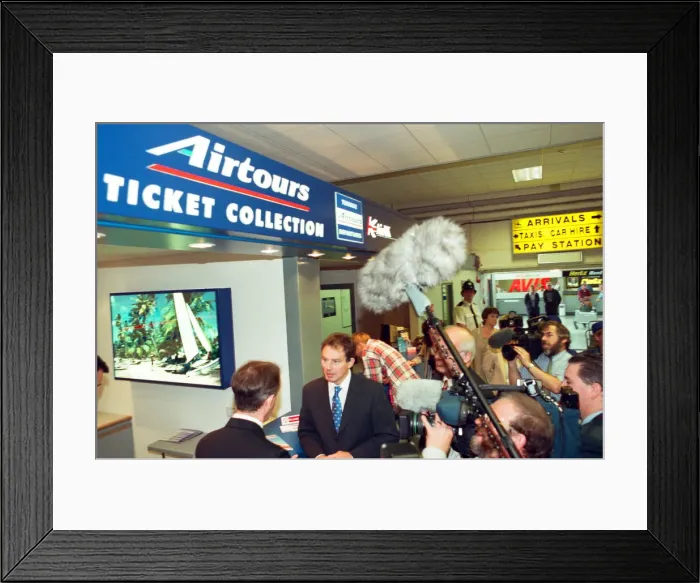 Framed Print : Surrounded by television crews and journalists Tony Blair tours the newly opened terminal