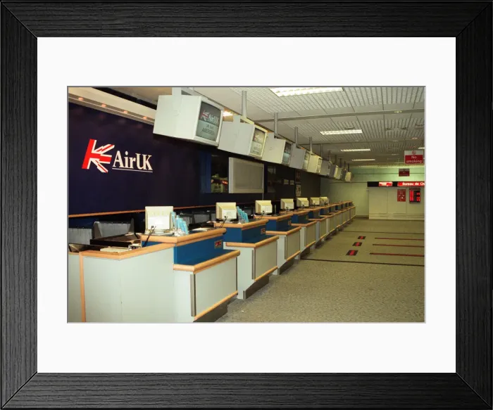 Framed Print : Air UK Check In desks at Teesside Airport 17th November 1997 Framed Print : Air UK Check In desks at Teesside Airport 17th November 1997